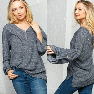 Charcoal Waffle Brushed Button V-Neck…